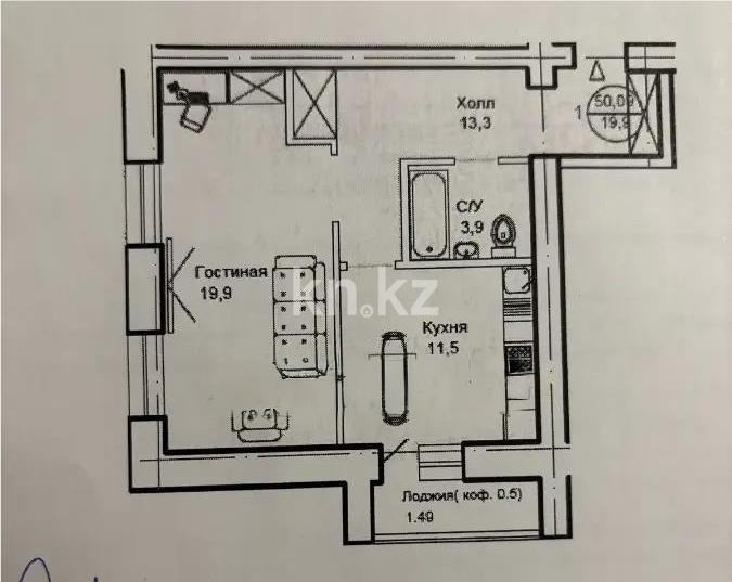 Продажа 1-комнатной квартиры, 50.09 м² в Астане