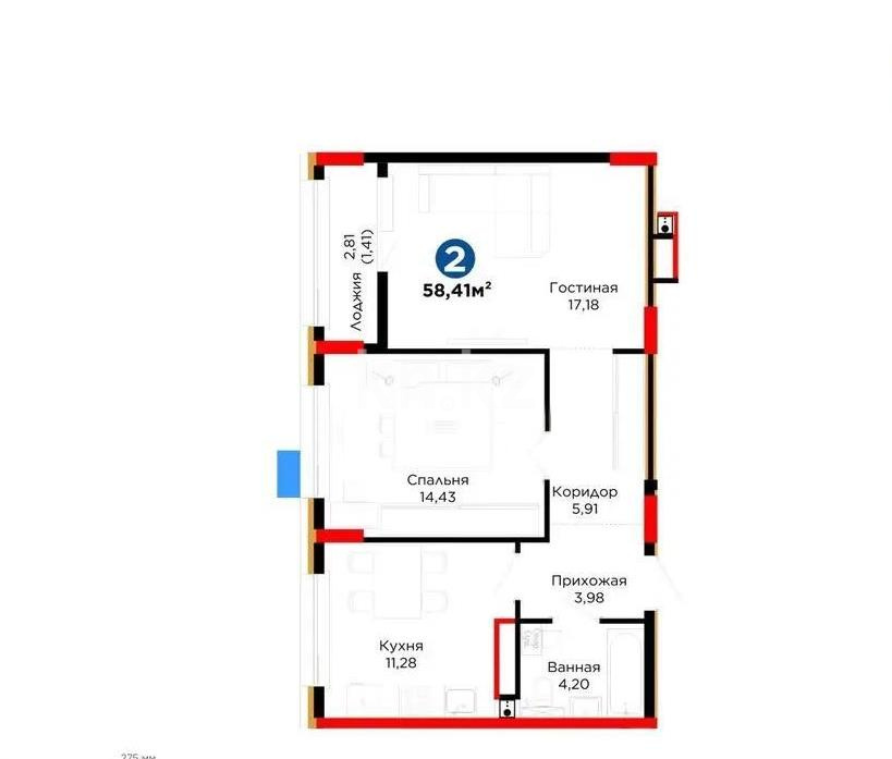 Продажа 2-комнатной квартиры, 58.41 м² в Астане