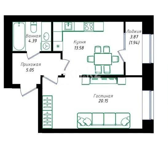 Продажа 1-комнатной квартиры, 45.11 м² в Астане