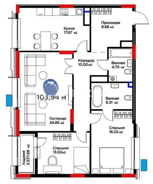 Продажа 3-комнатной квартиры, 103.94 м², ул. Толе би в Астане - фото 2
