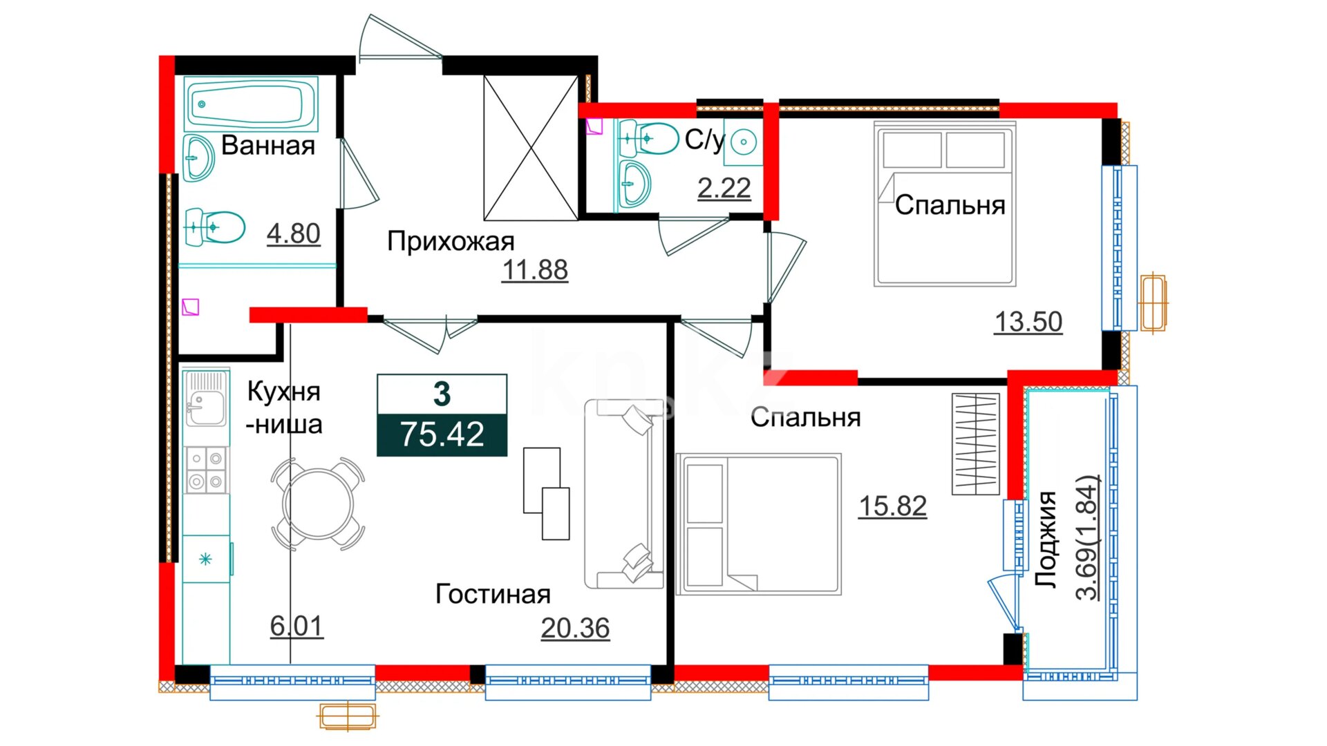 ЖК Shakarim Avenue, 3-комнатная, цена 42 989 400 ₸, 570 000 ₸&nbsp;/&nbsp;м²