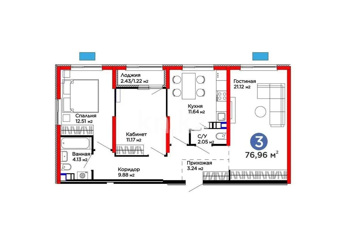 Продажа 3-комнатной квартиры, 76.9 м² в Алматы