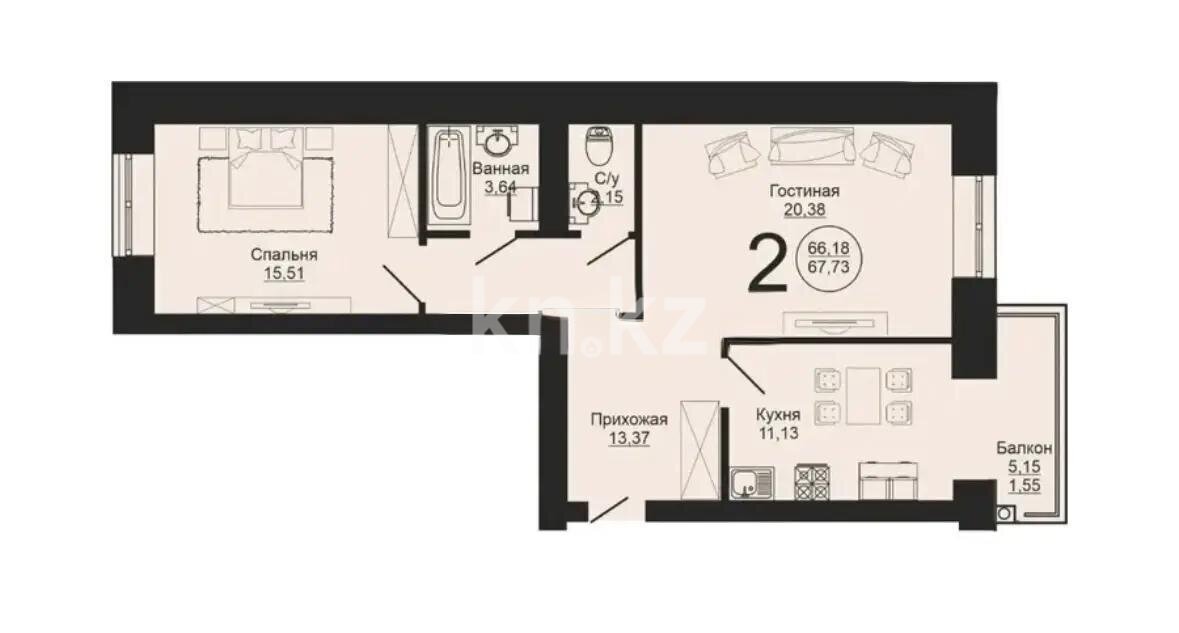 Продажа 2-комнатной квартиры, 65.65 м² в Астане