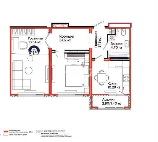 Продажа 2-комнатной квартиры, 56.35 м² в Астане