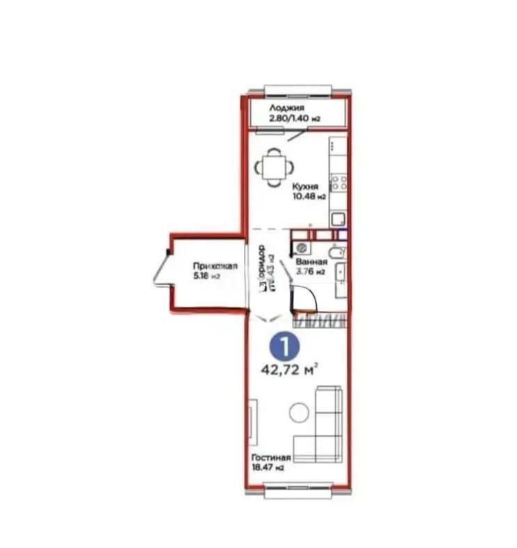 Продажа 1-комнатной квартиры, 42.72 м² в Астане