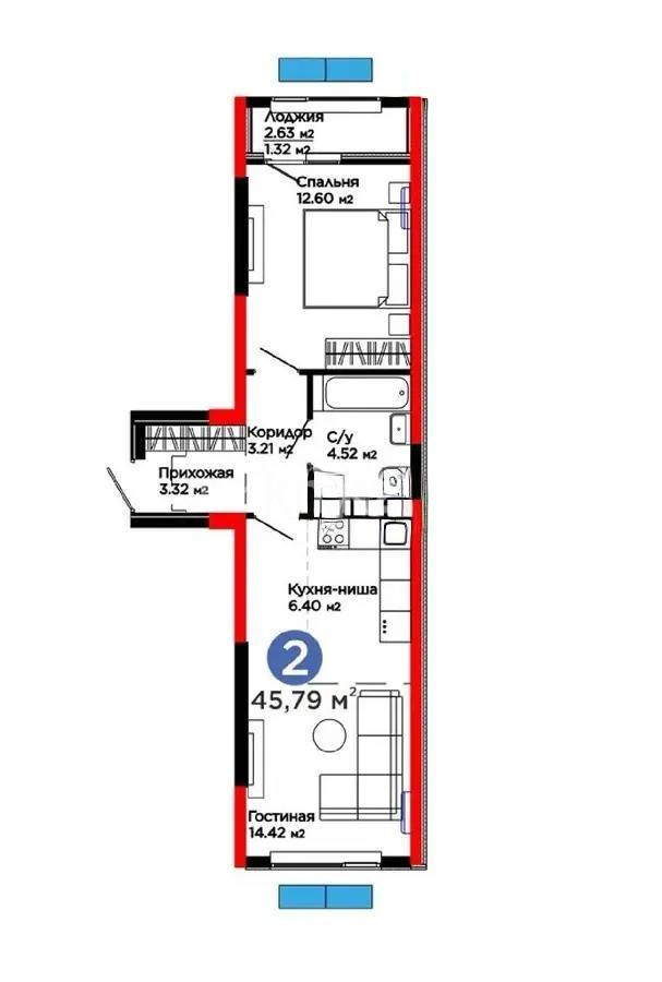 Продажа 2-комнатной квартиры, 45.79 м² в Алматы