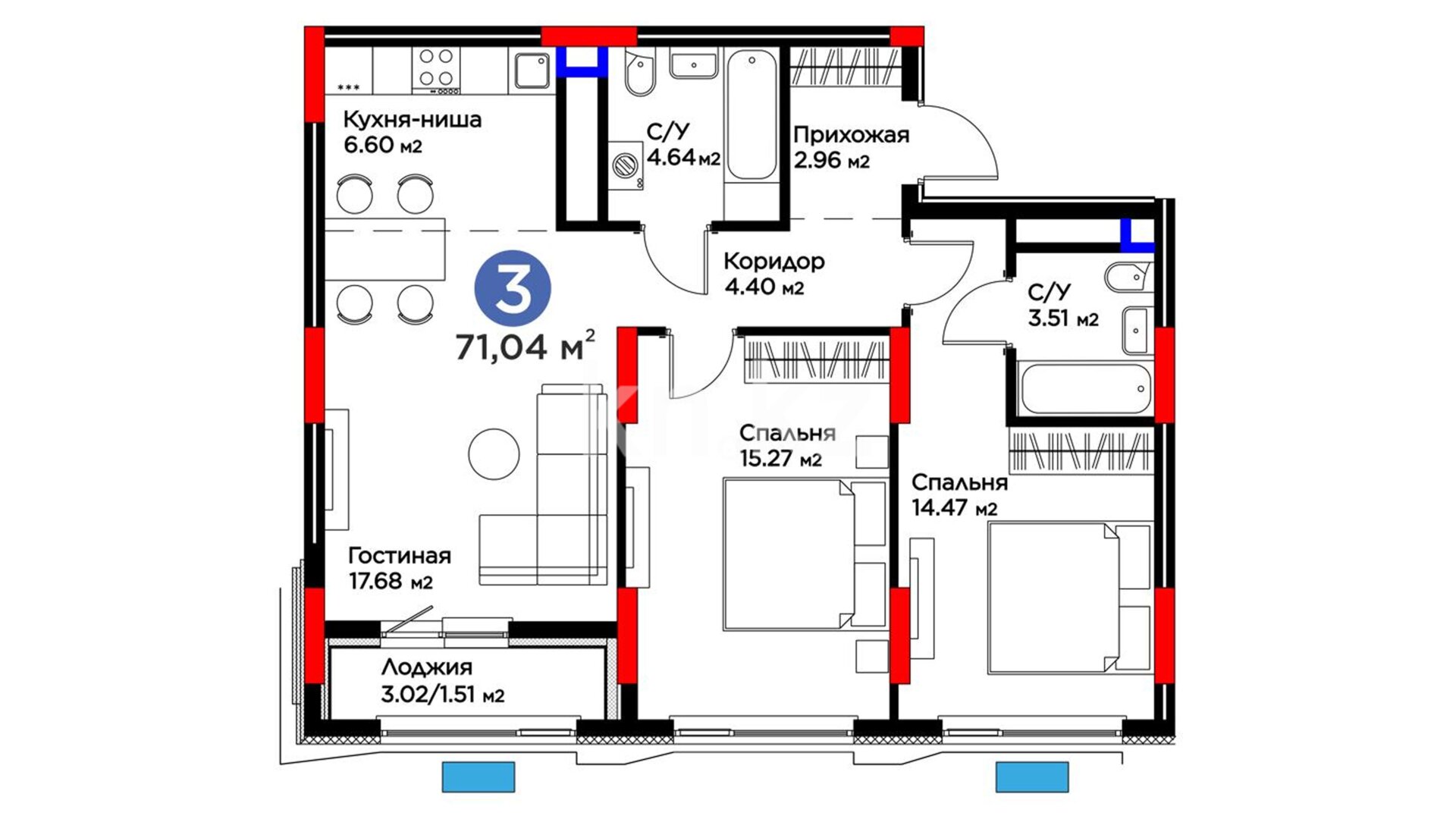 ЖК Darmen, 3-комнатная, цена 49 088 640 ₸, 691 000 ₸&nbsp;/&nbsp;м²