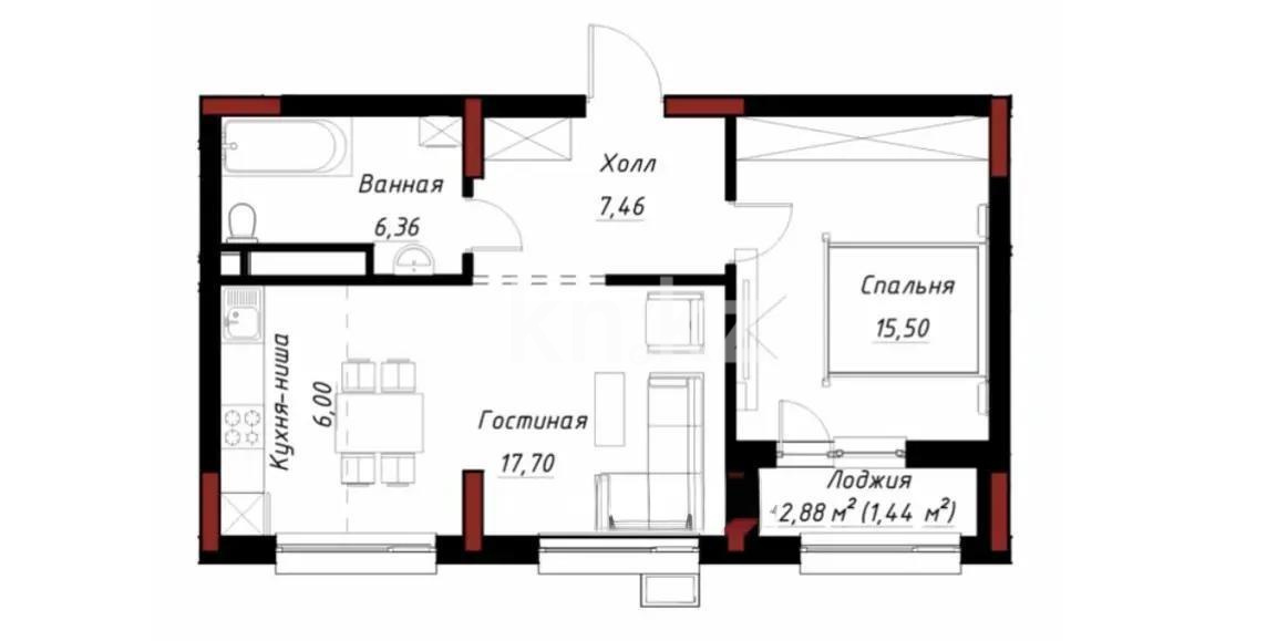 Продажа 2-комнатной квартиры, 54.46 м² в Астане