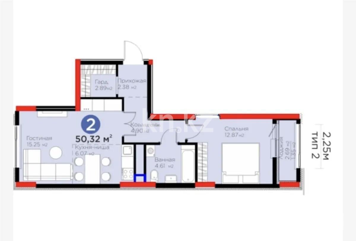 Продажа 2-комнатной квартиры, 50.32 м² в Астане