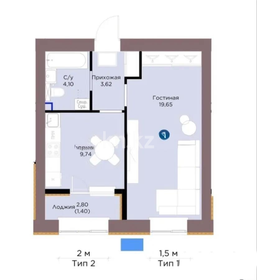 Продажа 1-комнатной квартиры, 38.51 м² в Астане
