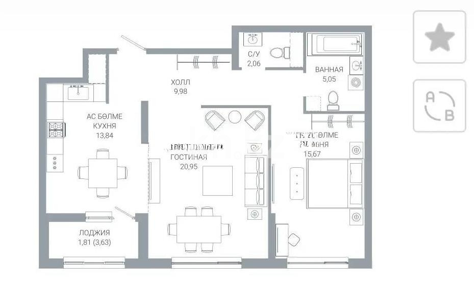 Продажа 2-комнатной квартиры, 70 м² в Астане