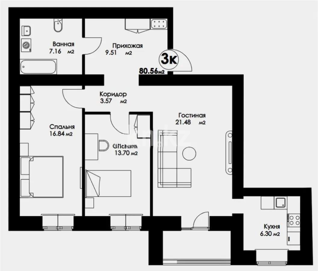 Продажа 3-комнатной квартиры, 80.56 м², ул. Айтматова, дом  45 стр в Астане