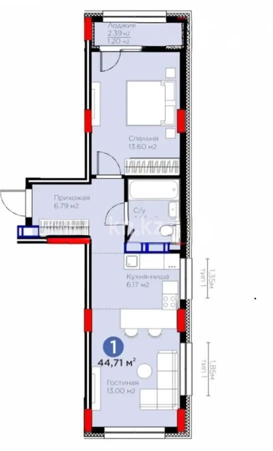 Продажа 2-комнатной квартиры, 44.71 м², пр. Аль-Фараби, дом  46/24 в Астане