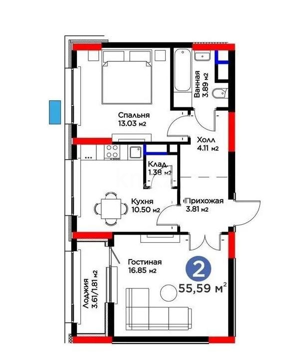 Продажа 2-комнатной квартиры, 55.59 м² в Астане