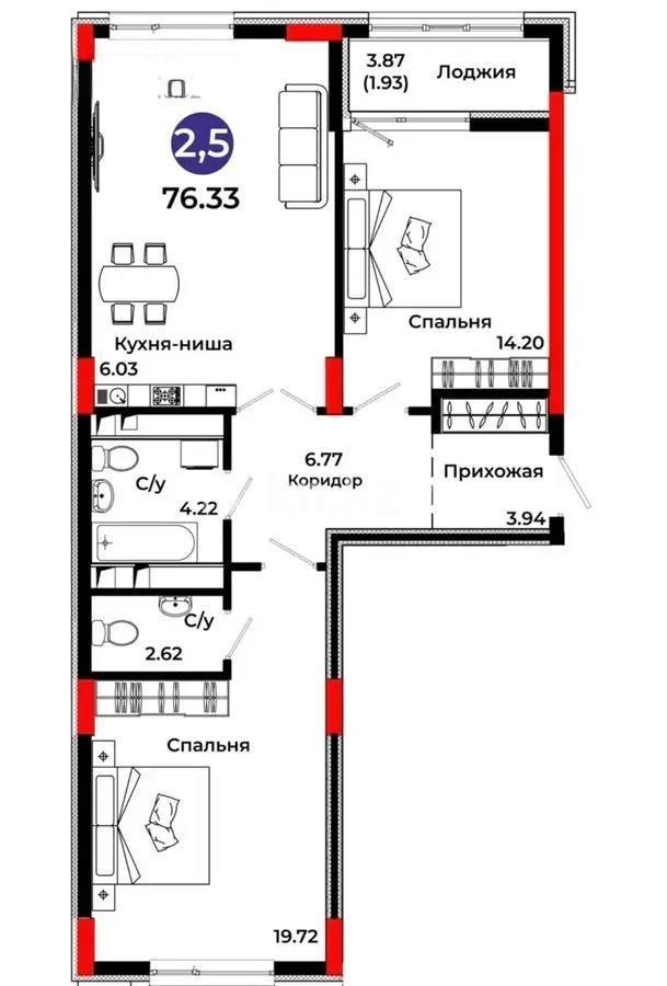 Продажа 3-комнатной квартиры, 76.33 м², ул. Казыбек би, дом  41/1 в Астане