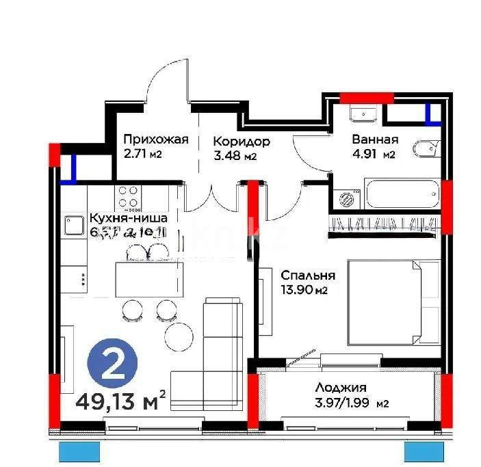 Продажа 2-комнатной квартиры, 49.13 м² в Астане