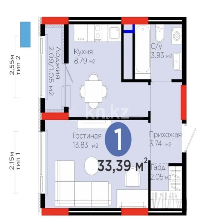 Продажа 1-комнатной квартиры, 33.39 м² в Астане