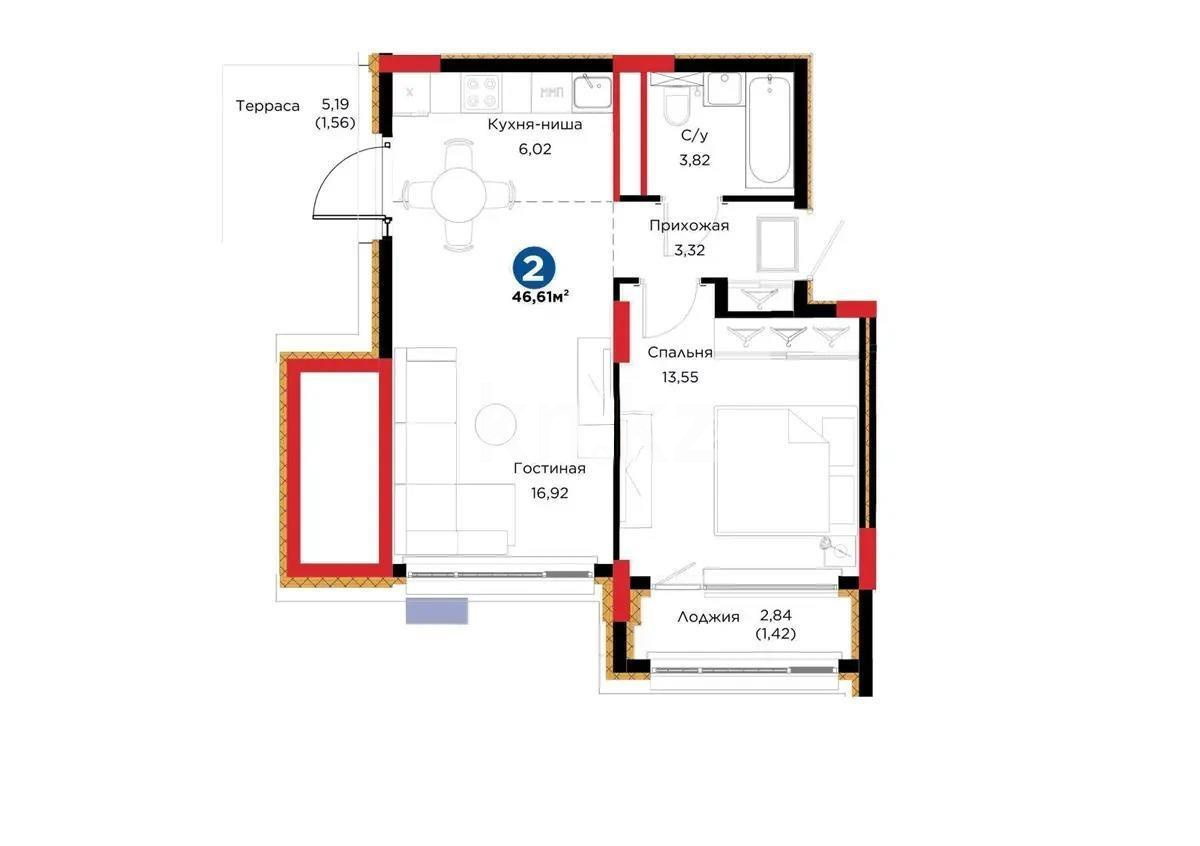 Продажа 2-комнатной квартиры, 46.61 м², ул. Кенесары, дом  54 в Астане