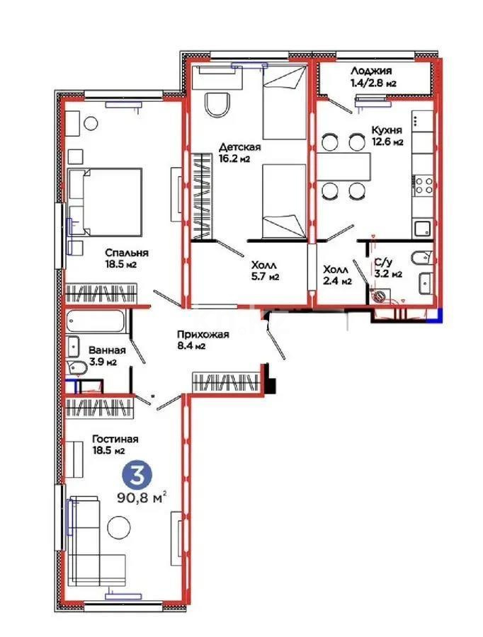 Продажа 3-комнатной квартиры, 90.8 м² в Астане