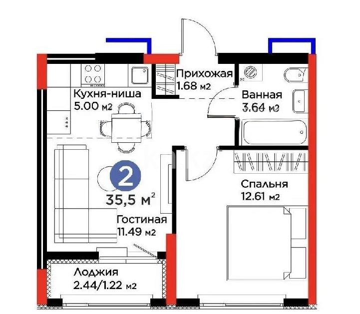 Продажа 2-комнатной квартиры, 35.5 м² в Астане