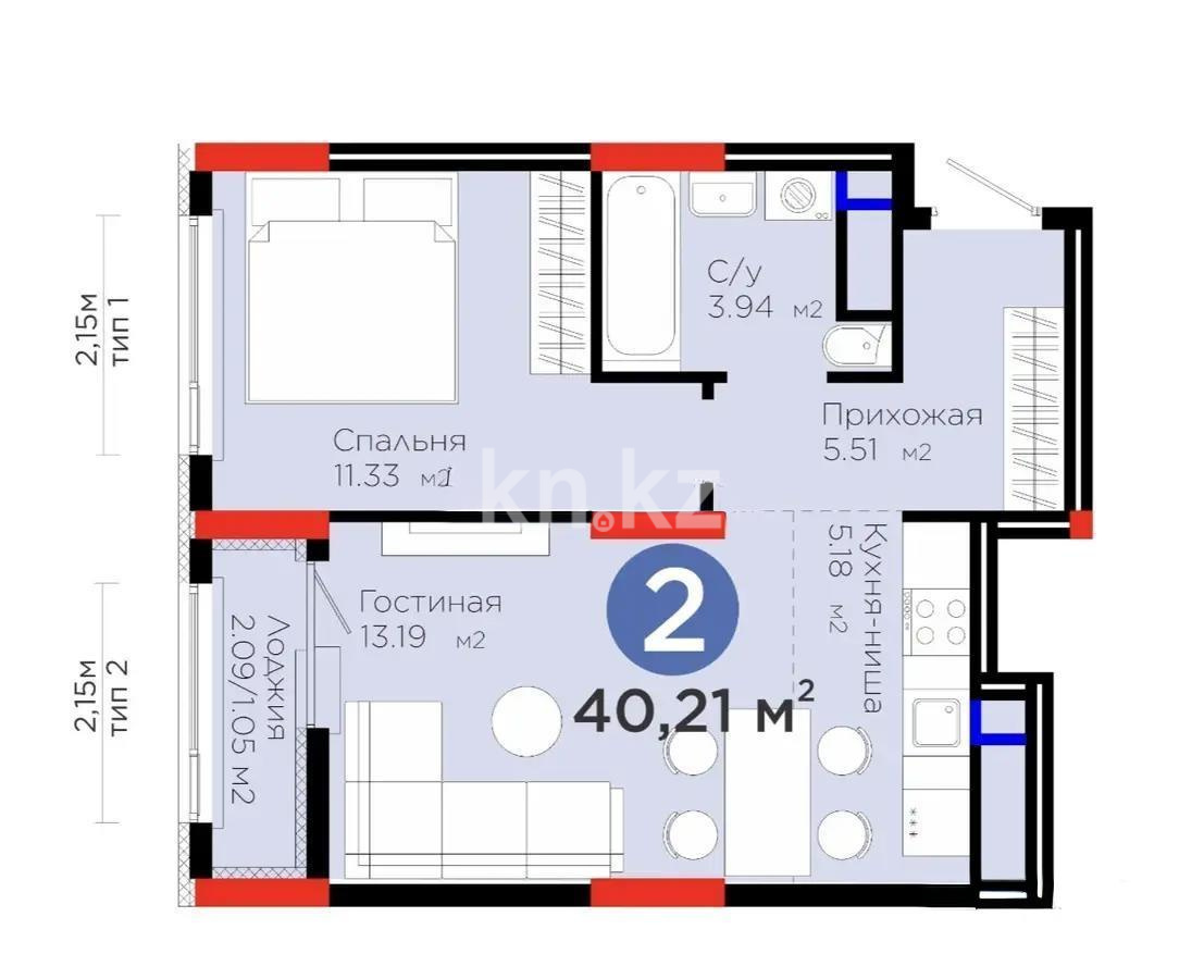 Продажа 2-комнатной квартиры, 40.21 м², ул. Е-908, дом  23 стр в Астане
