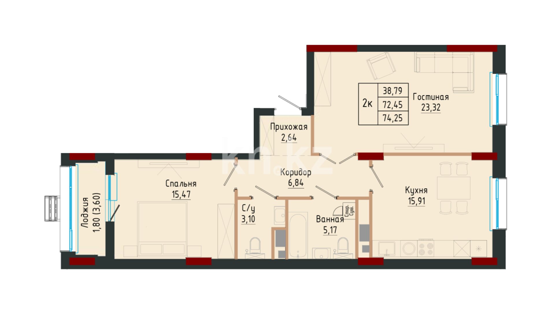 ЖК Ulagat, 2-комнатная, цена 29 106 000 ₸, 392 000 ₸&nbsp;/&nbsp;м²