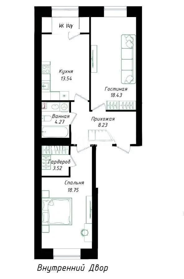 Продажа 2-комнатной квартиры, 68.37 м² в Астане