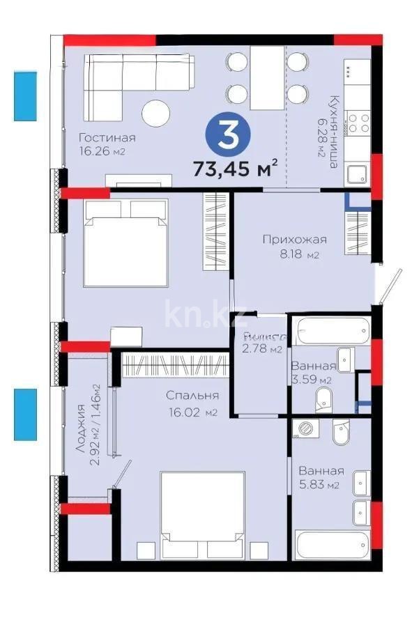 Продажа 3-комнатной квартиры, 73.45 м², ул. Бухар жырау, дом  57/6 в Астане