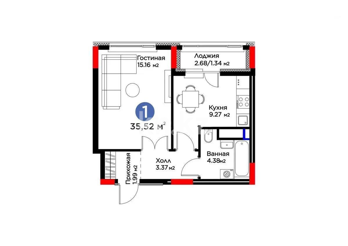 Продажа 1-комнатной квартиры, 35.52 м² в Астане