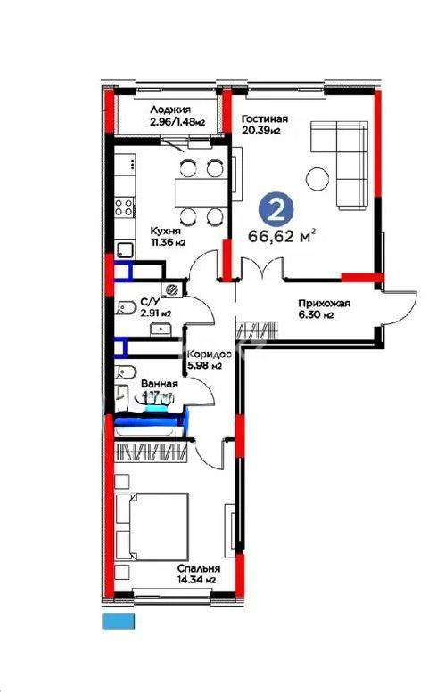 Продажа 2-комнатной квартиры, 66.62 м² в Астане