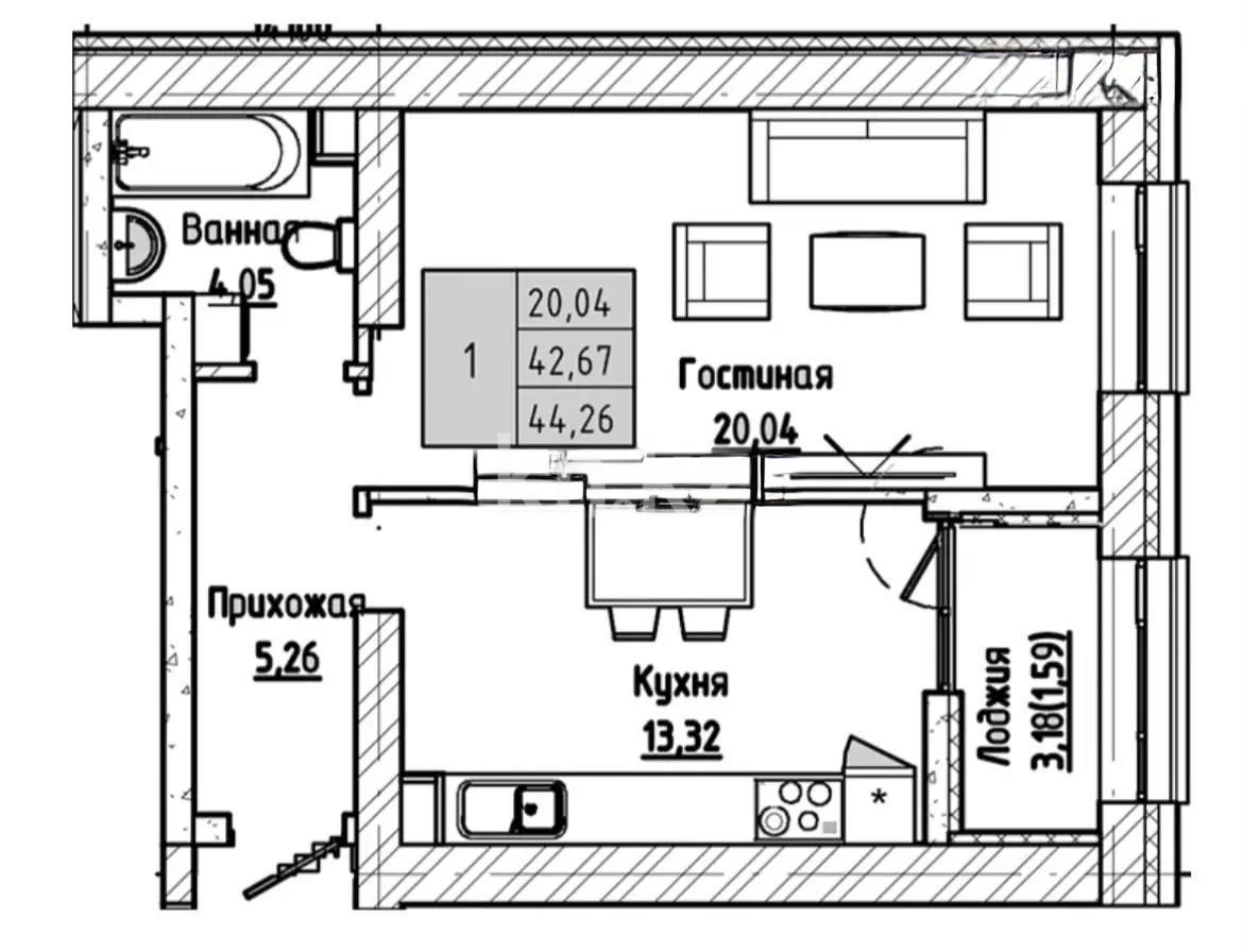 Продажа 1-комнатной квартиры, 44.26 м² в Астане