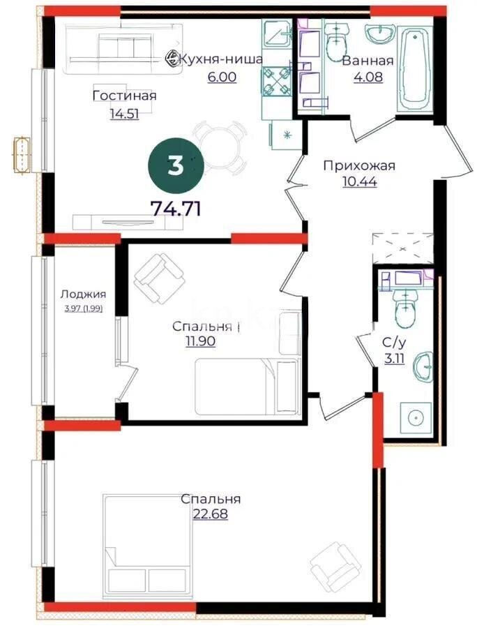 Продажа 3-комнатной квартиры, 74.71 м² в Астане - фото 5