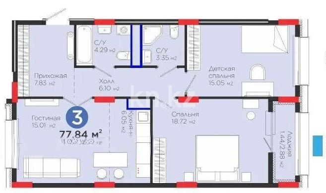 Продажа 3-комнатной квартиры, 77.84 м² в Астане