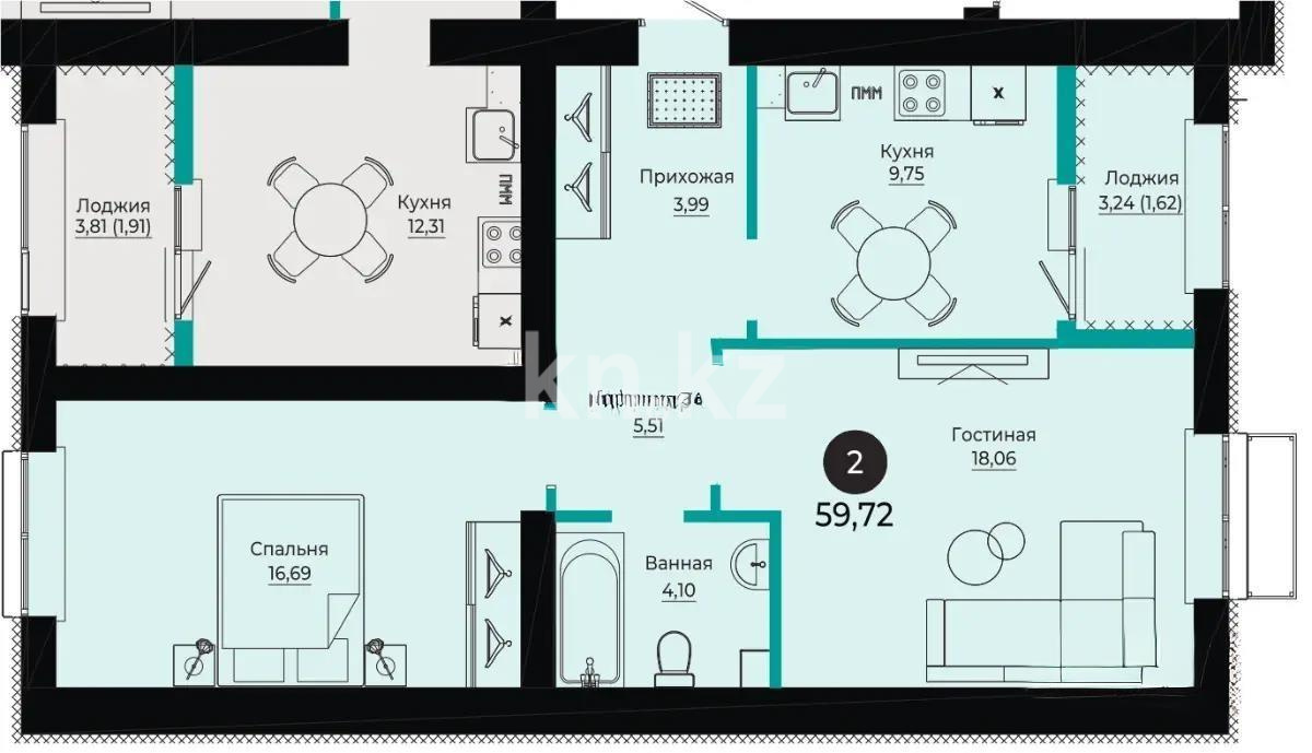 Продажа 2-комнатной квартиры, 59.72 м² в Астане