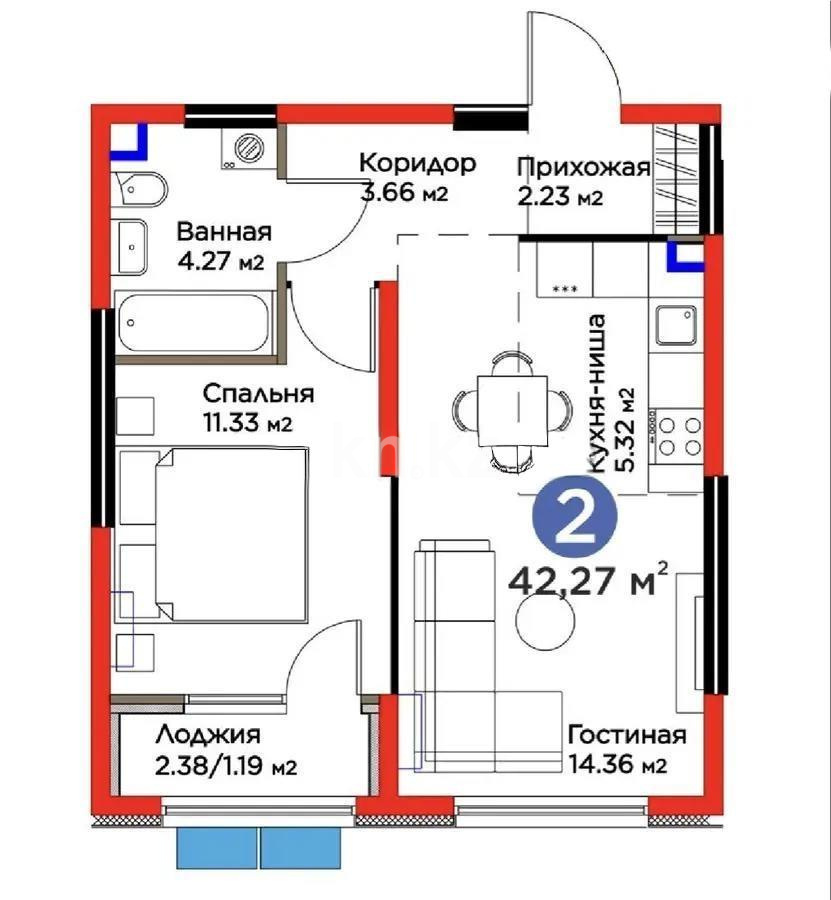 Продажа 2-комнатной квартиры, 42.27 м², ул. Момышулы, дом  11/14а в Алматы