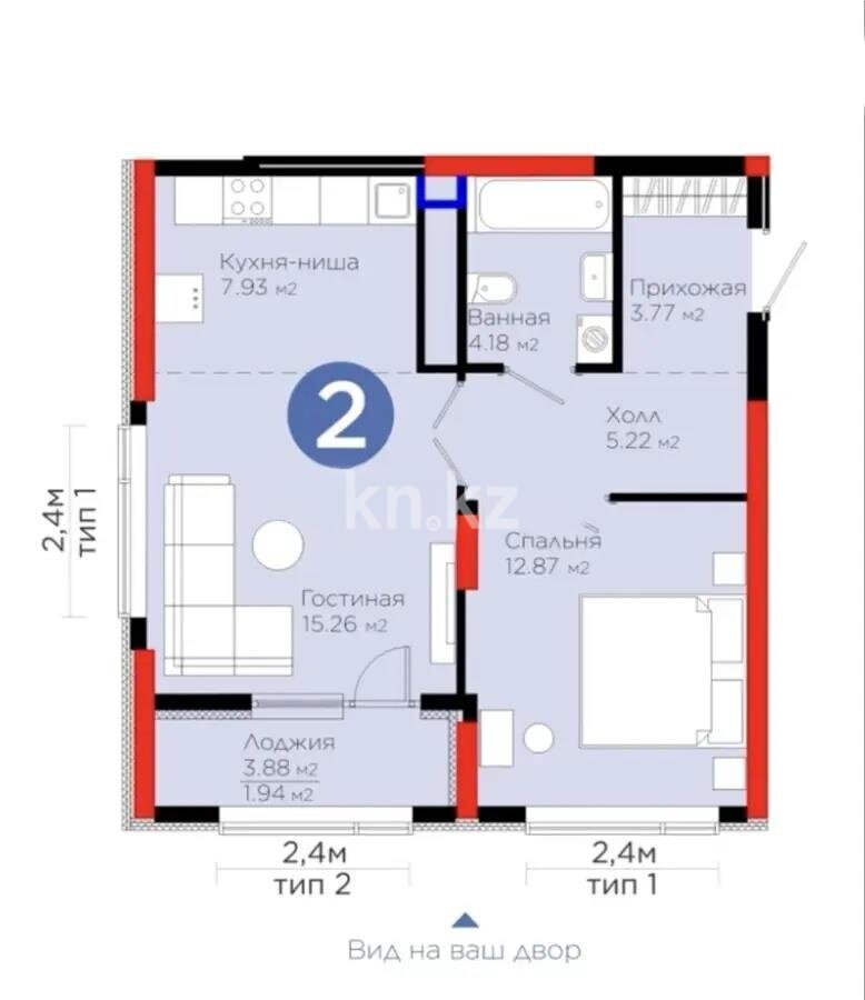 Продажа 2-комнатной квартиры, 52 м² в Астане