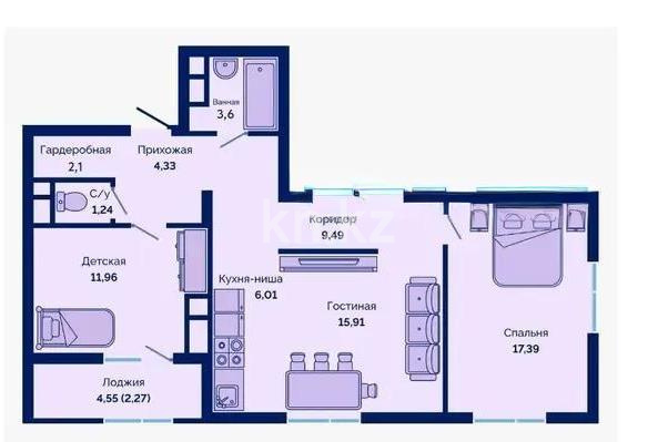 Продажа 3-комнатной квартиры, 74.59 м², пр. Туран, дом  89/3 в Астане