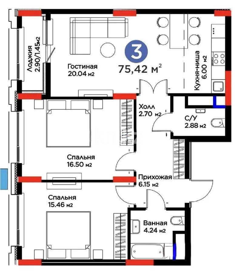 Продажа 3-комнатной квартиры, 75.42 м² в Астане