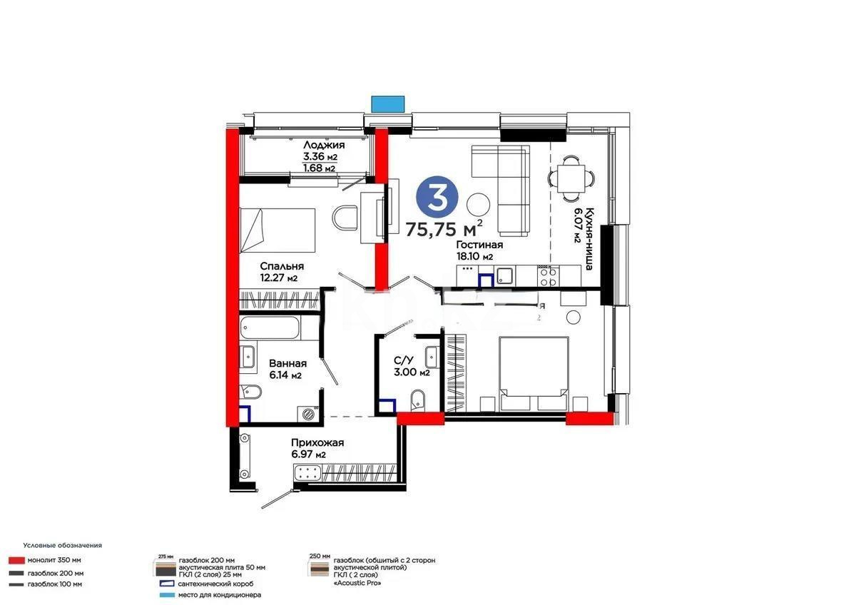 Продажа 3-комнатной квартиры, 76 м², пр. Аль-Фараби, дом  3 в Астане