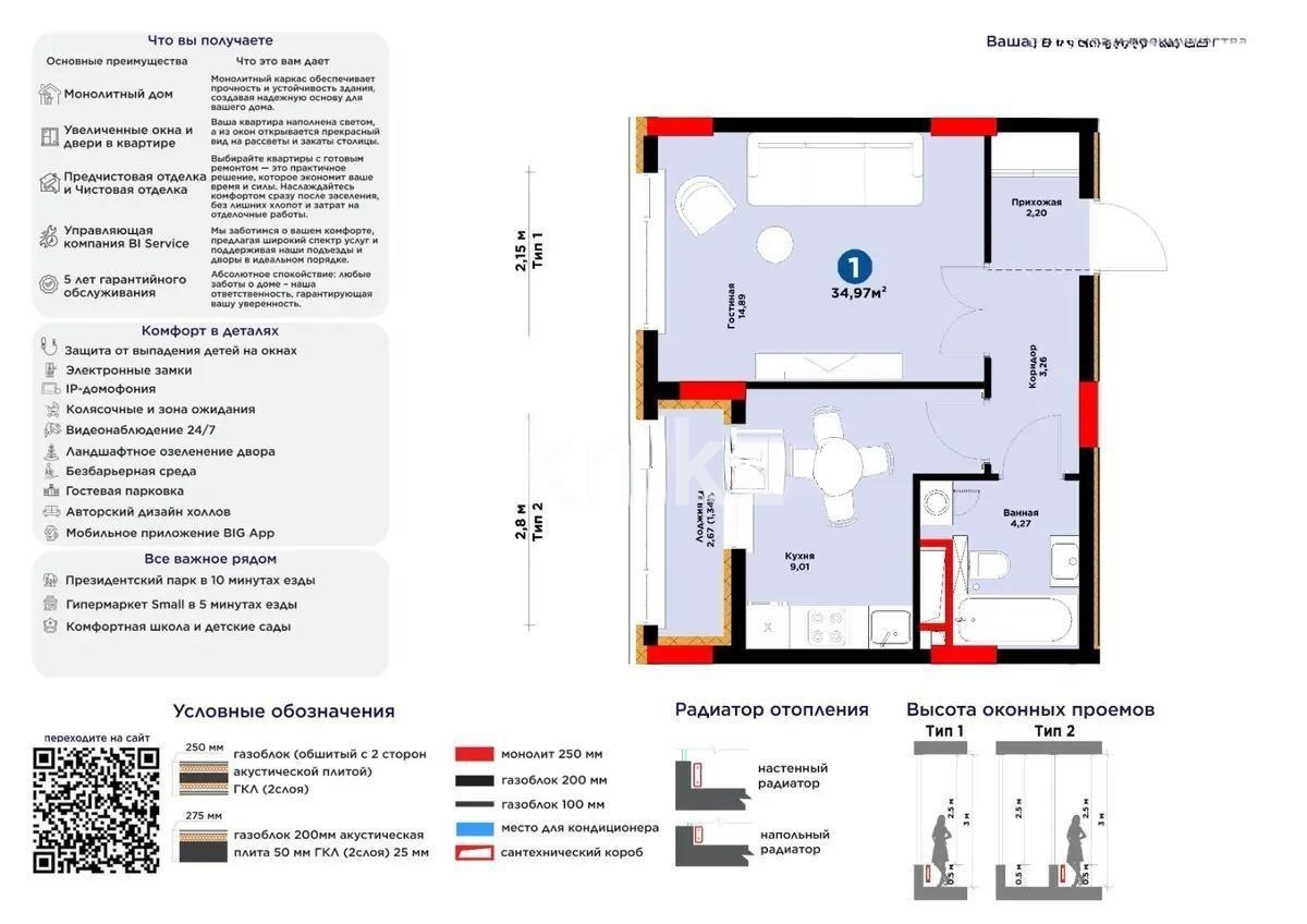 Продажа 1-комнатной квартиры, 36.3 м² в Астане