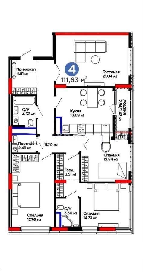 Продажа 4-комнатной квартиры, 111.63 м² в Астане