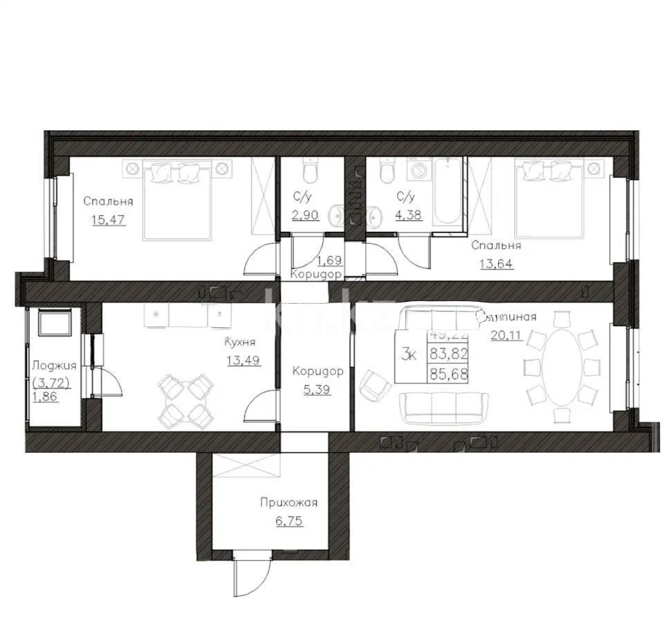 Продажа 3-комнатной квартиры, 85.9 м², ул. Нажимеденова, дом  52б в Астане