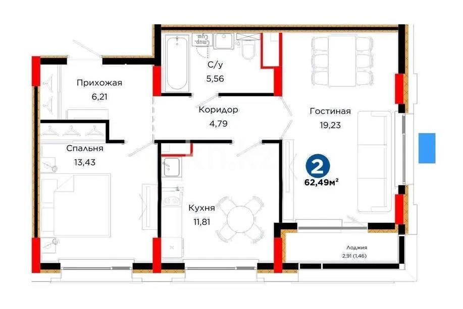 Продажа 2-комнатной квартиры, 62.49 м² в Астане
