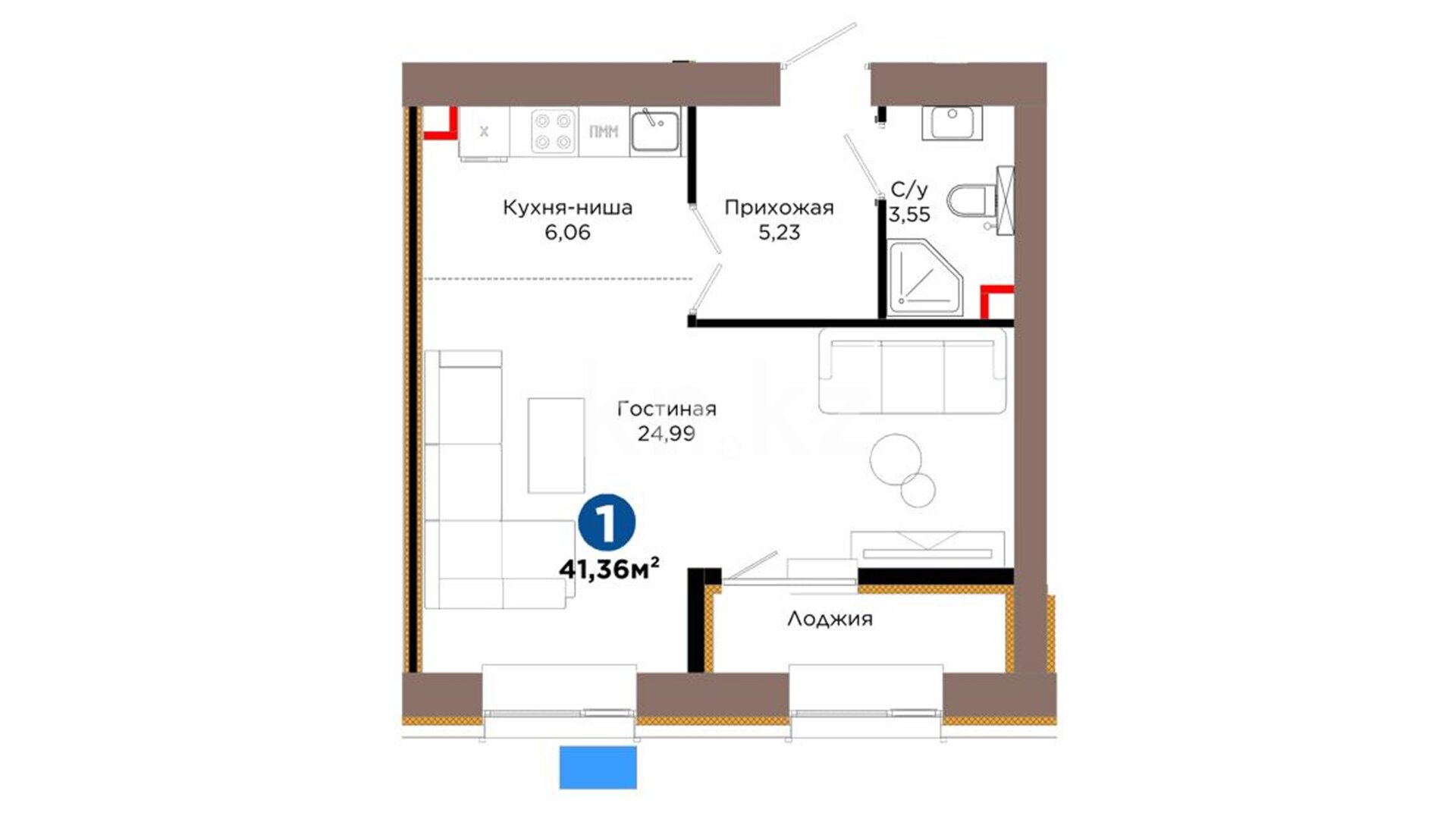 ЖК Arna Urpaq, 1-комнатная, цена 24 609 200 ₸, 595 000 ₸&nbsp;/&nbsp;м²