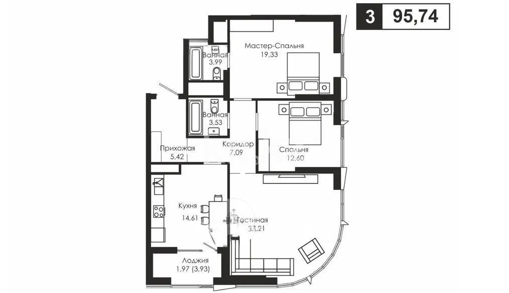 Продажа 3-комнатной квартиры, 95.74 м² в Астане