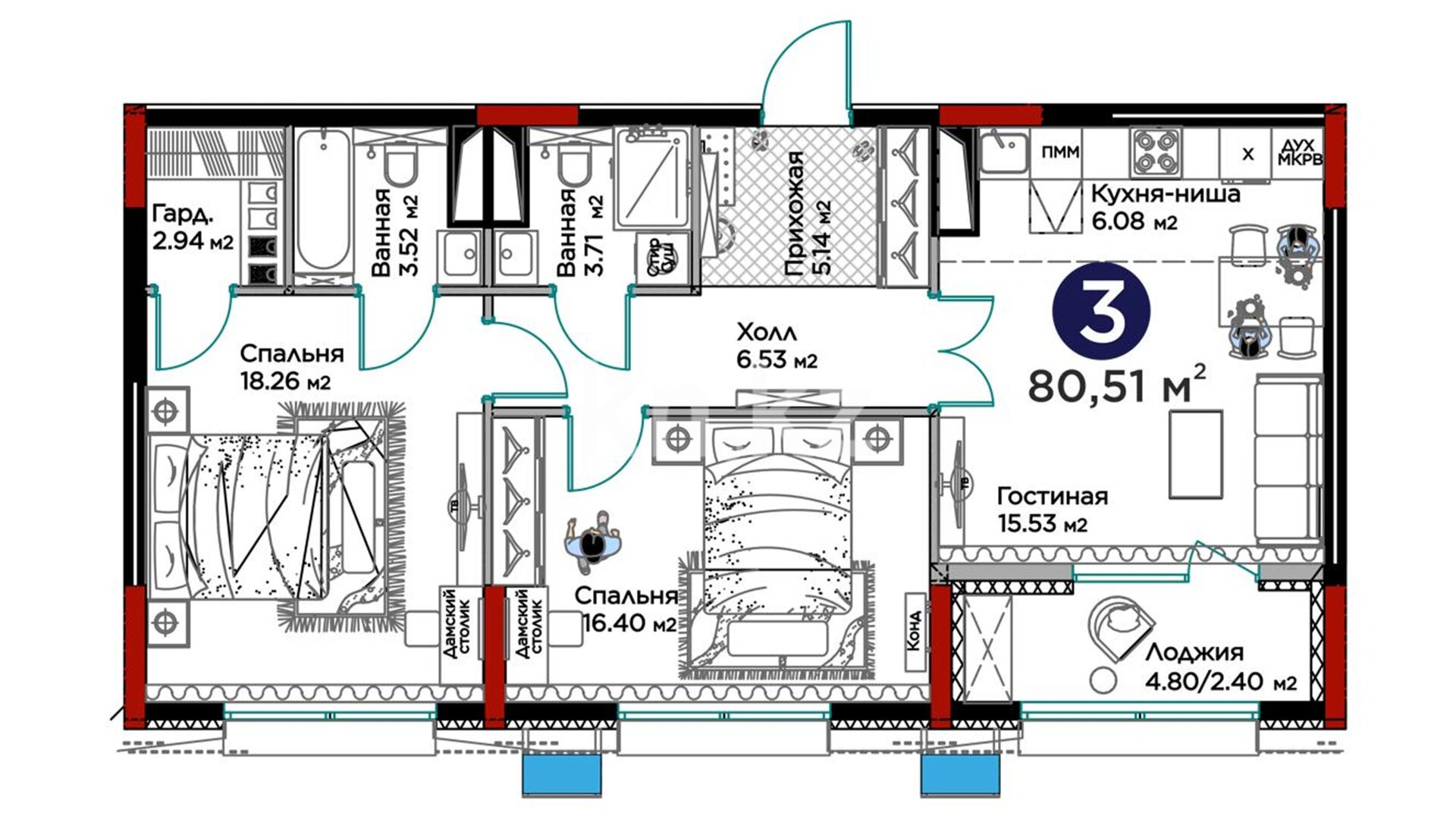 ЖК GreenLine.Tiara, 3-комнатная, цена 81 717 650 ₸, 1 015 000 ₸&nbsp;/&nbsp;м²