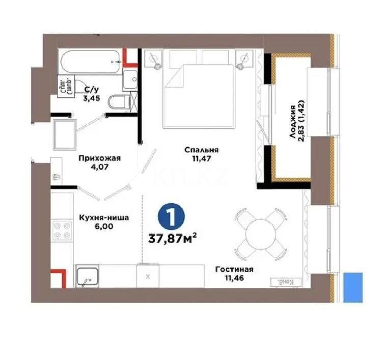 Продажа 2-комнатной квартиры, 37.87 м² в Астане