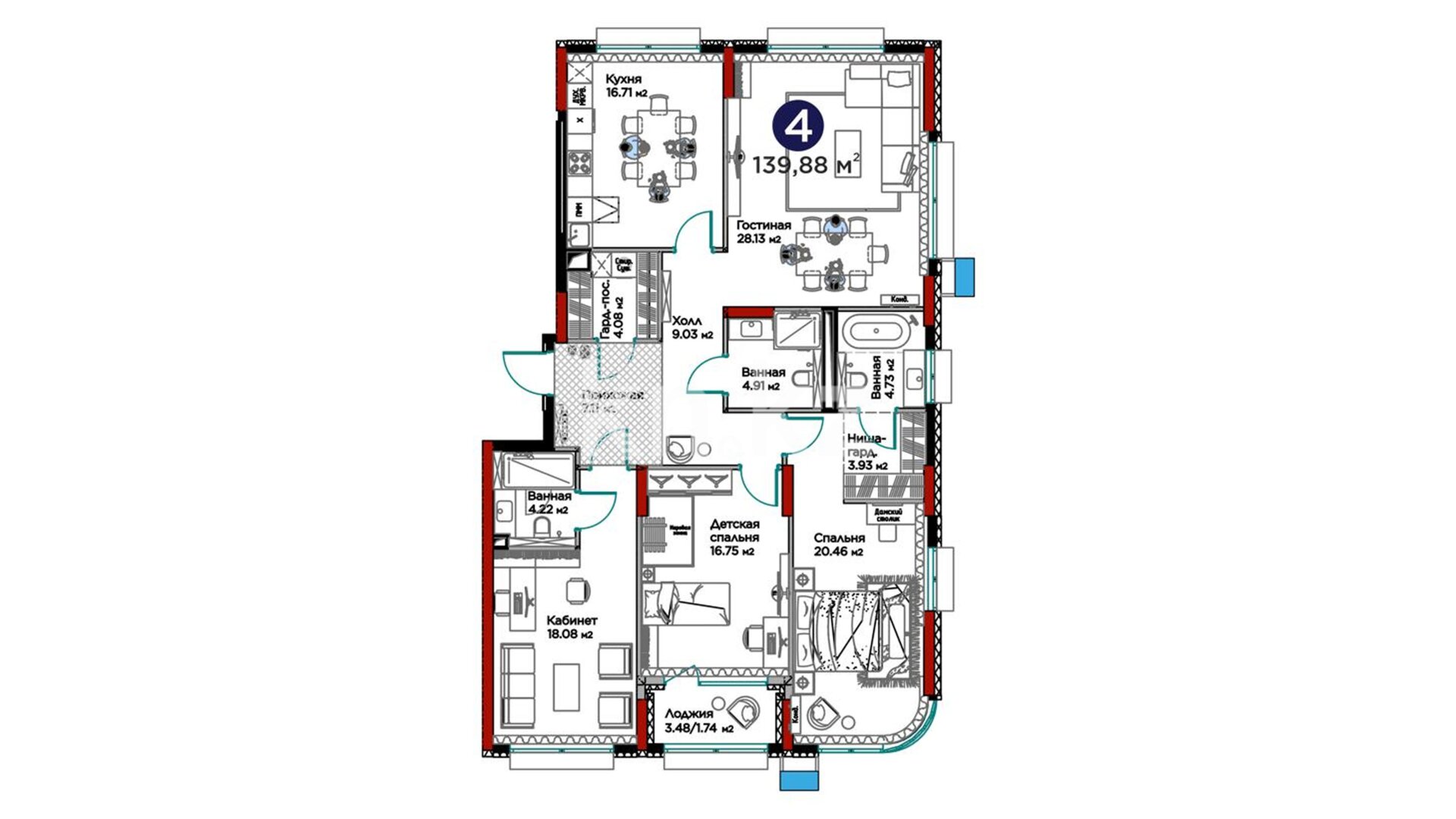 ЖК GreenLine.Tiara, 4-комнатная, цена 121 863 456 ₸, 871 200 ₸&nbsp;/&nbsp;м²