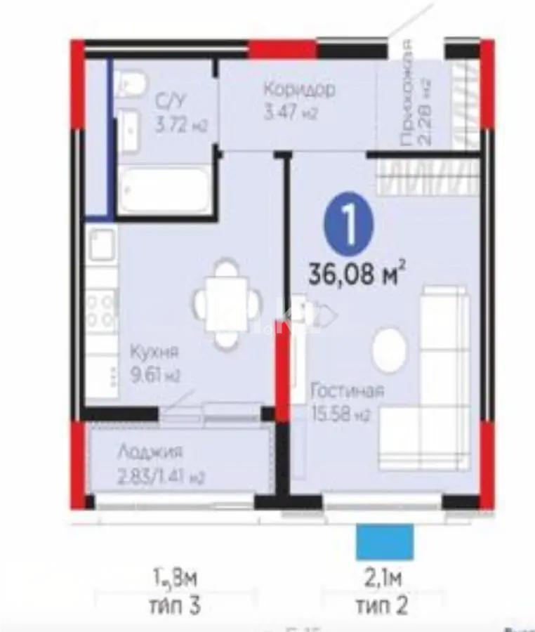 Продажа 1-комнатной квартиры, 36.8 м² в Астане