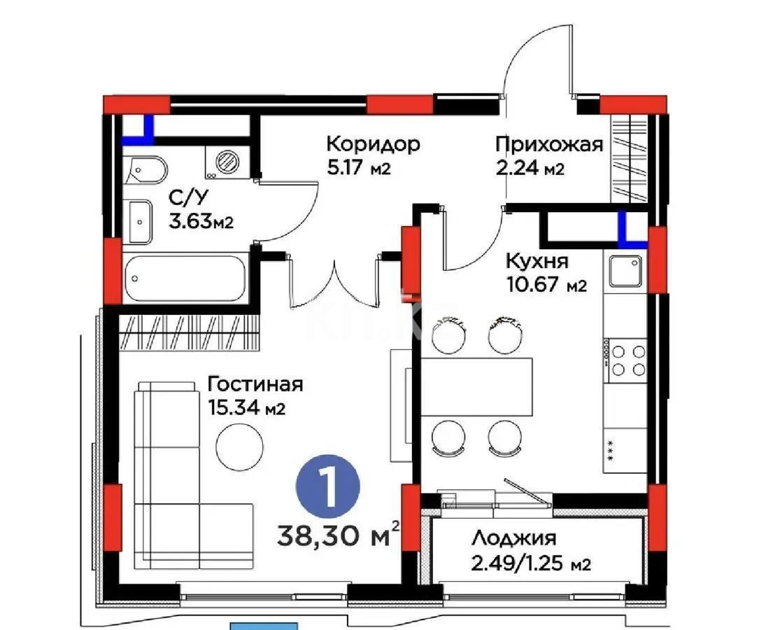 Продажа 1-комнатной квартиры, 38.3 м² в Астане